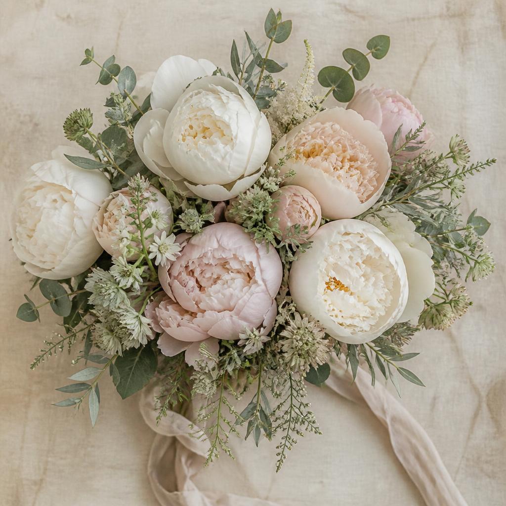 Muted ivory and blush wedding peonies with sage green foliage
